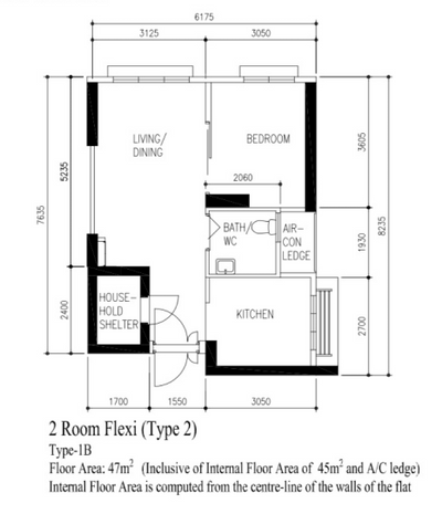 Sengkang East Drive, D'Interieur Design, Scandinavian, HDB, 2 Room Flexi Type 2, 2 Room Hdb Floorplan, Original Floorplan