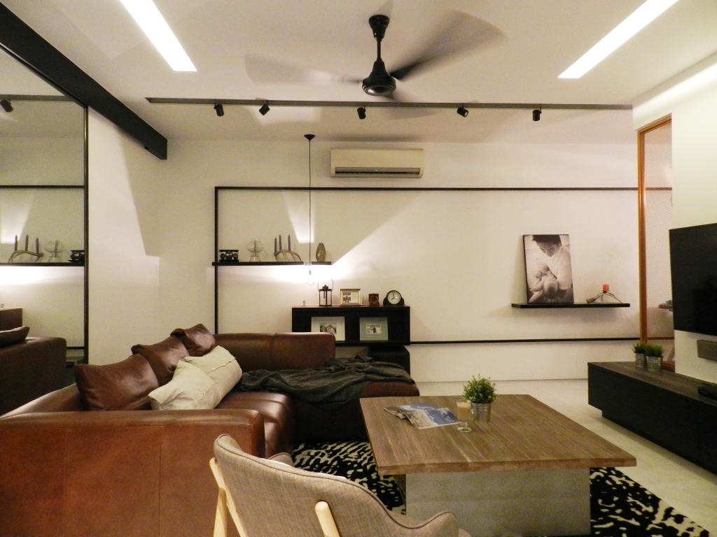 Eclectic, Landed, Living Room, Meng Suan Road, Interior Designer, Habit, Ceiling Fan, Track Lighitng, Mirror, Full Length Mirror, Sofa, Chair, Shelf, Shelves, Tv Console, Coffee Table, Rug, Wood Laminate, Wood, Laminate, Recessed Lighting, Indented Lighting, Leather, Couch, Furniture, Indoors, Interior Design, Hardwood, Stained Wood