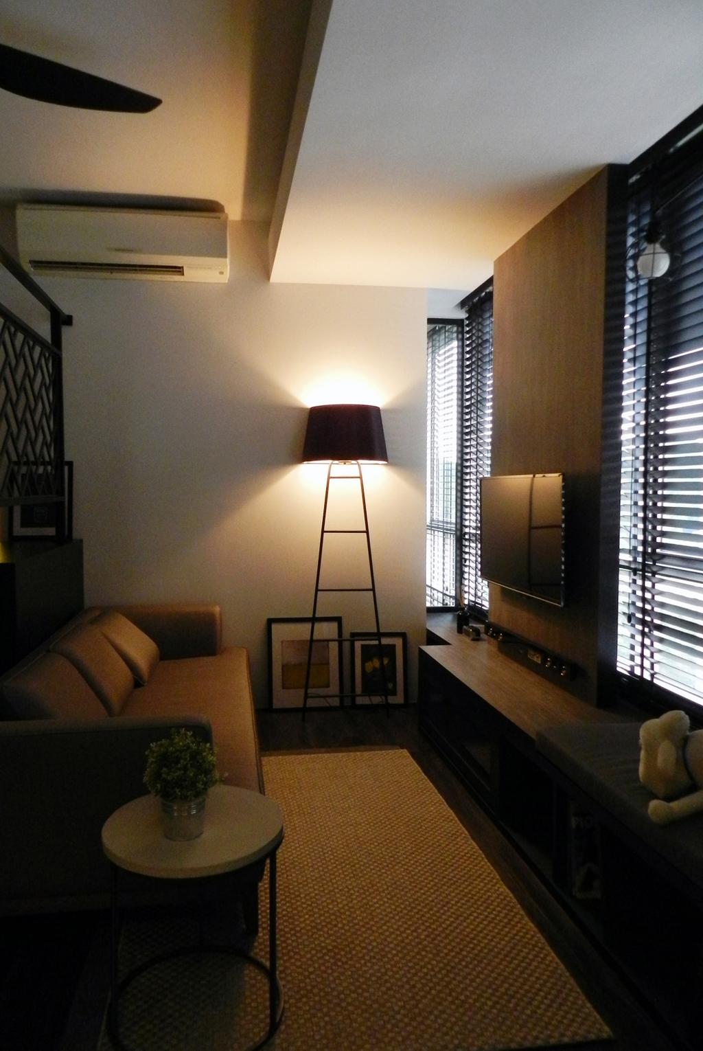 Modern, Condo, Living Room, UE Square Residences, Interior Designer, Habit, Rug, False Ceiling, Venetian Blinds, Ladder, Standing Lamp, Window Seat, Tv Console, Wood Laminate, Wood, Laminate, Sofa, Chair, Painting, Partition, Bricks, False Wall, Couch, Furniture