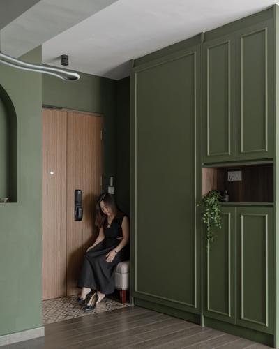 Ubi Grove (Block 358B), Key Concept, Retro, Living Room, HDB, Shoe Cabinet, Foyer, Green