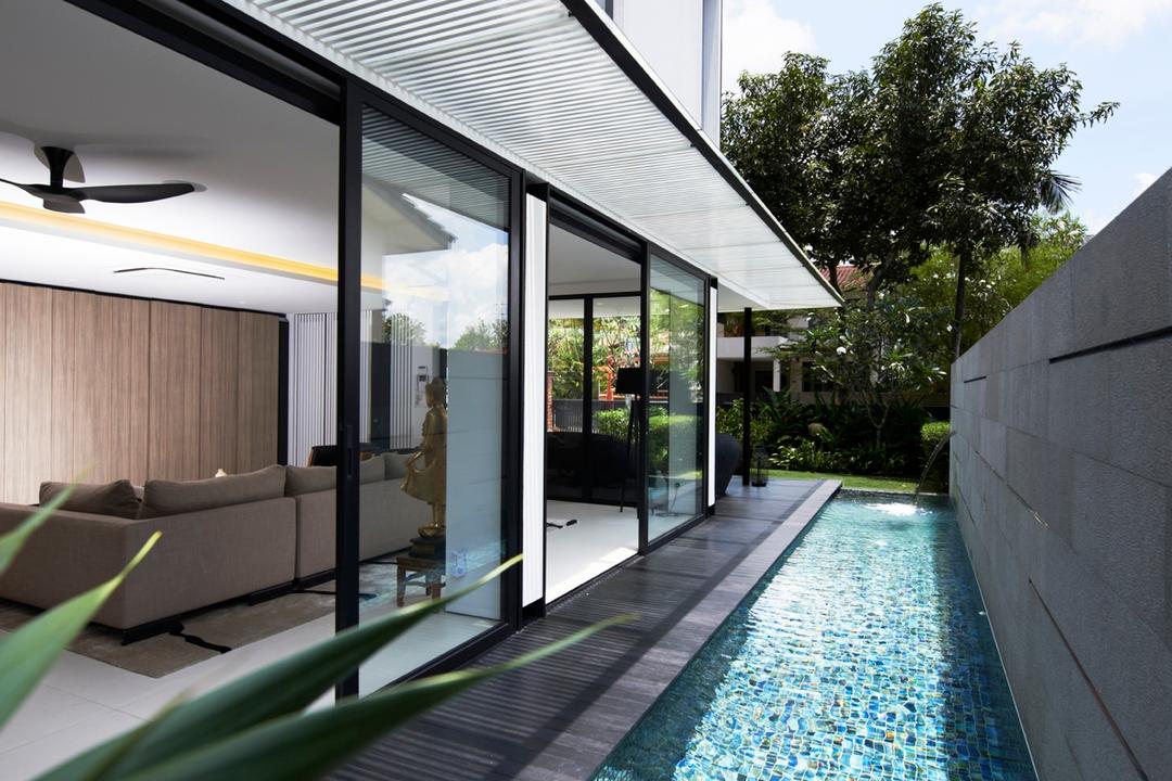 Chu Lin Road, akiHAUS, Modern, Landed, Sunscreen, Water Feature, Mosaic, Tile, Deck Flooring, Wood, Plant, Ceiling Fan, Sofa, Tree, Outdoor, Exterior, Building, House, Housing, Villa, Pool, Water, Door, Sliding Door, Flora, Jar, Potted Plant, Pottery, Vase, Couch, Furniture
