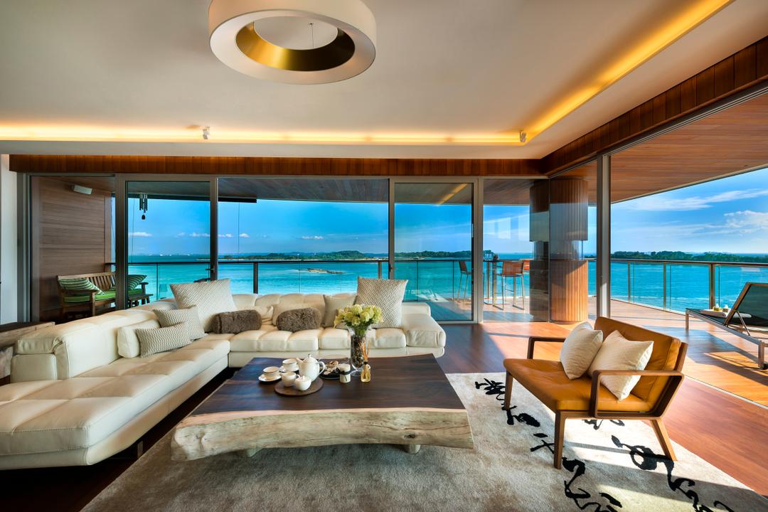 Oceanfront, akiHAUS, Traditional, Living Room, Condo, Tray Ceiling, Concealed Lighting, Rug, Coffee Table, Sofa, Bench, Balcony, Seaview, Full Length Window, Glass, Hanging Light, Couch, Furniture, Chair, Dining Room, Indoors, Interior Design, Room, HDB, Building, Housing