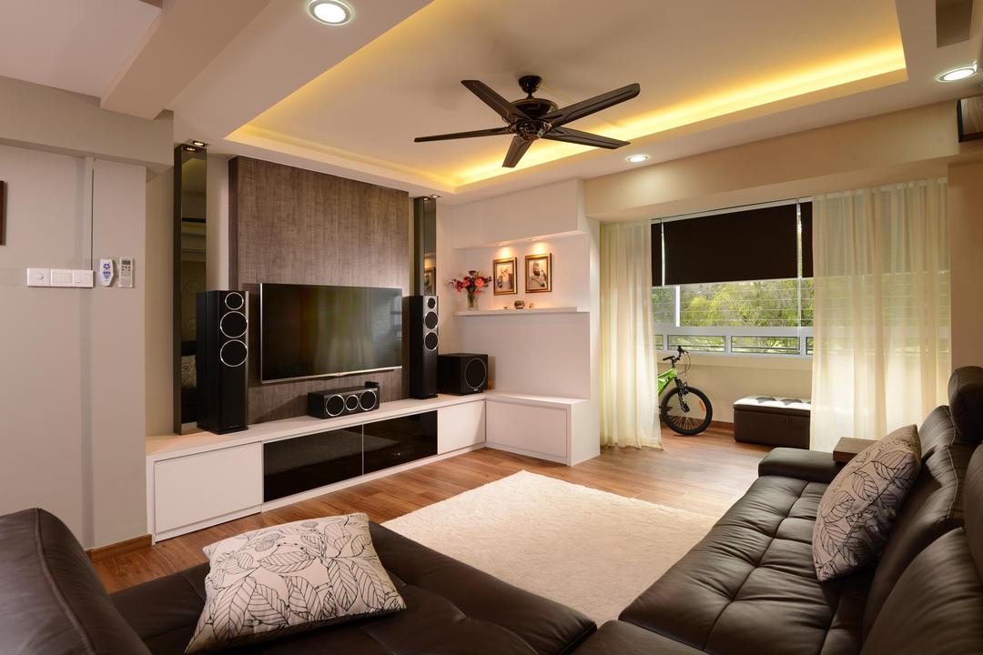 Bedok Reservoir, Urban Habitat Design, Traditional, Living Room, Condo, Ceiling Fan, Indented Ceiling, Recessed Lighting, Black, Leather, Sofa, Rug, Parquet, Flooring, Feature Wall, Console, Blinds, Curtains, Electronics, Entertainment Center, Home Theater, Couch, Furniture, Light Fixture, Indoors, Room, Loudspeaker, Speaker