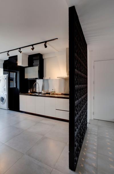 Pasir Ris (Block 753), The Design Practice, Modern, Kitchen, HDB, Tiles, Partition, Black Track Lights, Drawers, White Kitchen Cabinets, Patterned Partition, Grey Tiles, Open Concept, Open Layout