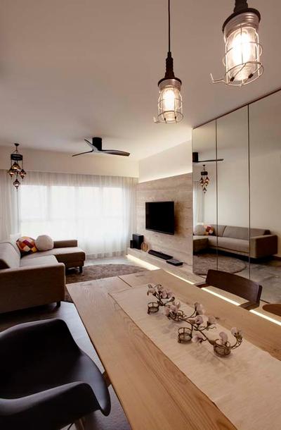 Pasir Ris (Block 526C), The Design Practice, Contemporary, Dining Room, HDB, Tv, Tv Feature Wall, Tv Console, Curtains, Mini Ceiling Fan, Sofa, Dining Table, Hanging Light, Industrial Lighting, Feature Wall, Indoors, Room, Couch, Furniture, Paper