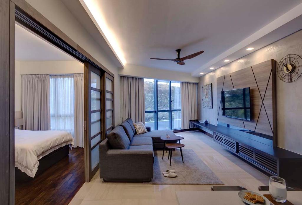 Contemporary, Condo, Living Room, Water Place, Interior Designer, The Design Practice, Mini Ceiling Fan, Tv Feature Wall, Sliding Partition, Tv, Tv Console, Curtains, Sofa, Brown Coffee Table, Bed, Feature Wall, Couch, Furniture, Indoors, Room, Interior Design, Bedroom