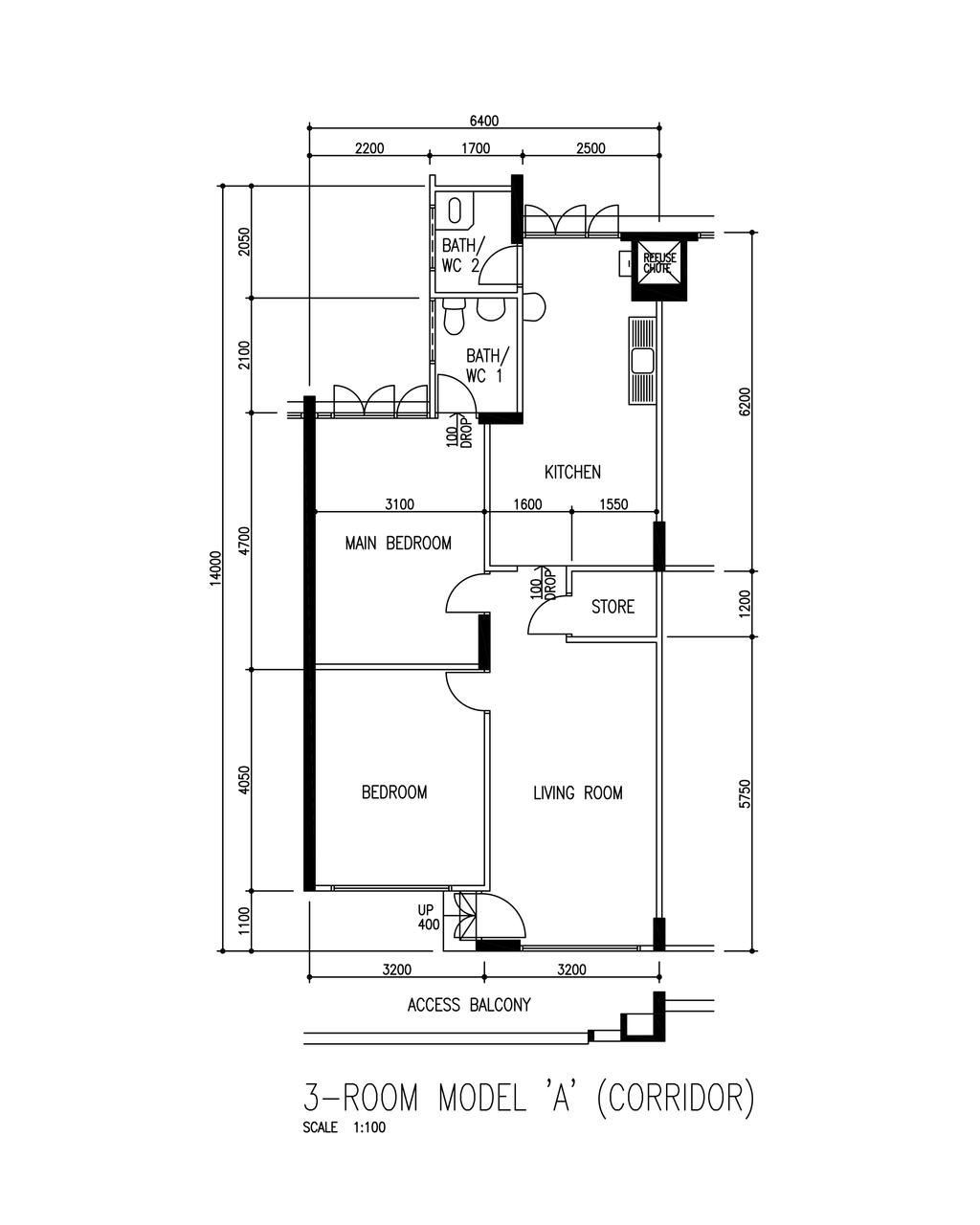 Scandinavian, HDB, Bukit Batok Street 11, Interior Designer, Anhans Interior Design, 3 Room Model X Corridor, Original Floorplan, 3 Room Hdb Floorplan