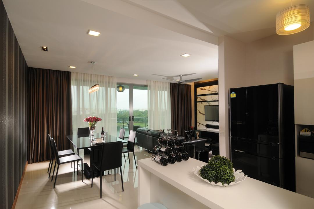 Waterfront Waves (Bedok Reservoir Rd), Meter Square, Transitional, Condo, Fridge, Island Top, Tiles, Dining Table, Dining Chair, Sofa, Curtain, Down Light, Tv, Feature Wall, Furniture, Table, Dining Room, Indoors, Interior Design, Room