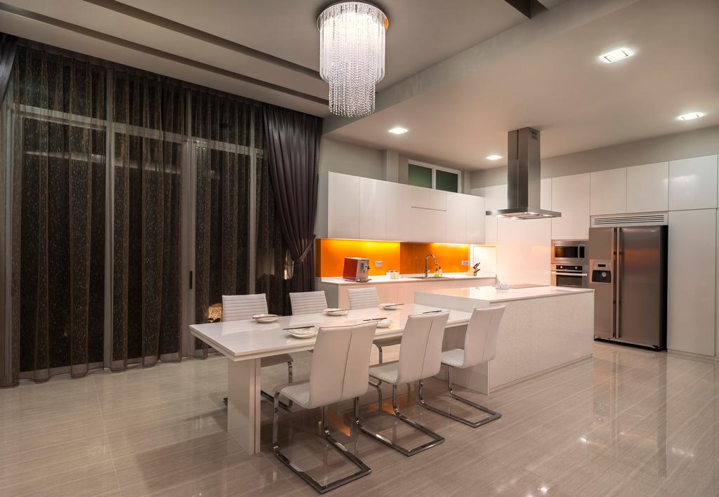 Modern, Landed, Dining Room, Pinewood Grove, Interior Designer, Ciseern, Chandelier, Dining Table, Open Kitchen, Dry Kitchen, Hood, Fridge, Island Top, Dining Chairs, Downlight, Light Fixture, Furniture, Table, Indoors, Interior Design, Room