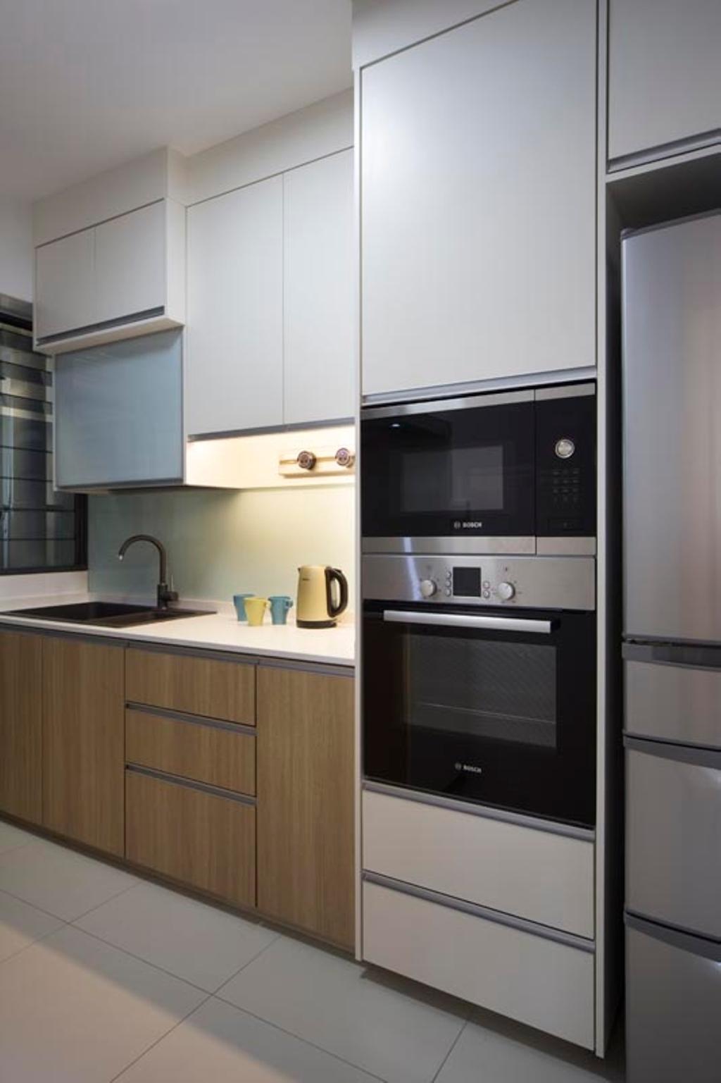 Transitional, HDB, Kitchen, Punggol Waterway Terraces (Block 310A), Interior Designer, Yonder, Oven, Sink, White Kitchen Cabinets, Dish Rack, Drawers, Appliance, Electrical Device