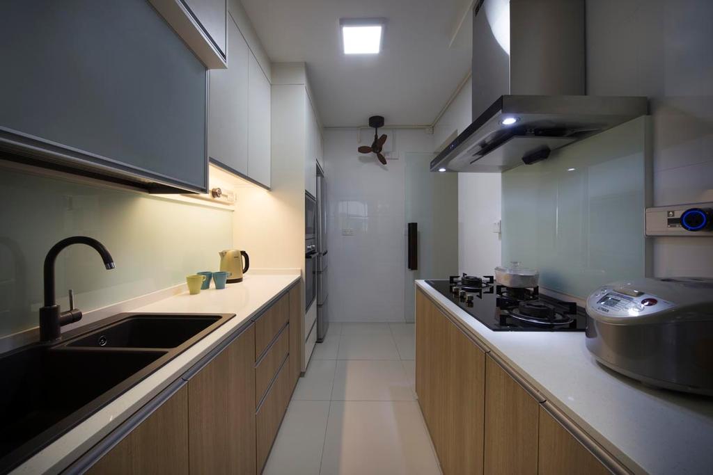 Transitional, HDB, Kitchen, Punggol Waterway Terraces (Block 310A), Interior Designer, Yonder, White Kitchen Cabinets, Stove, Sink, Hood, Appliance, Electrical Device, Oven, Indoors, Interior Design, Room