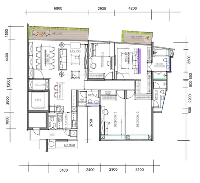 Aalto, Divine & Glitz, Modern, Modern Luxe, Condo, Space Planning, Final Floorplan, 4 Bedder Condo Floorplan