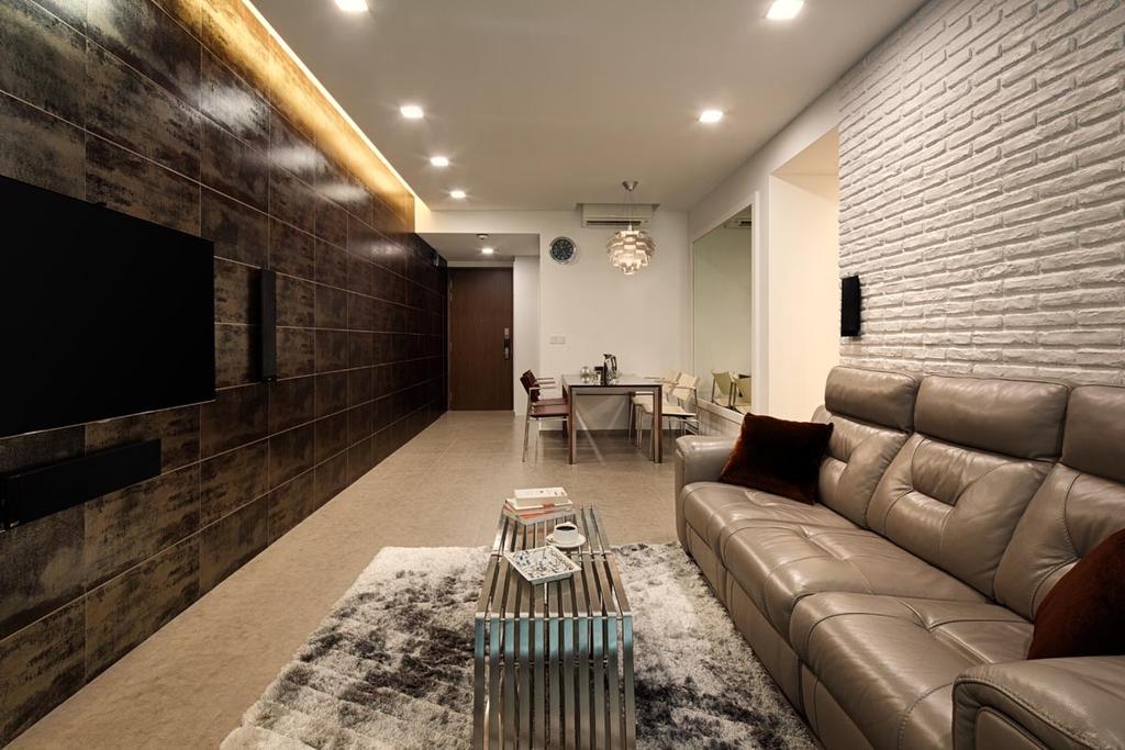 Transitional, Condo, Living Room, The Minton, Interior Designer, Posh Home, Contemporary, Red Brick Wall, Sofa, Carpet, Brown Coffee Table, Dining Table, Tv Feature Wall, Tv, Downlights, Cove Light, Tiles, Feature Wall, Couch, Furniture, Brick, Indoors, Room