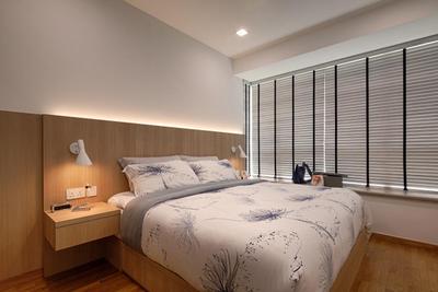 The Minton, Posh Home, Transitional, Contemporary, Bedroom, Condo, Blinds, Headboard, Bed, Downl Light, Wood Floor