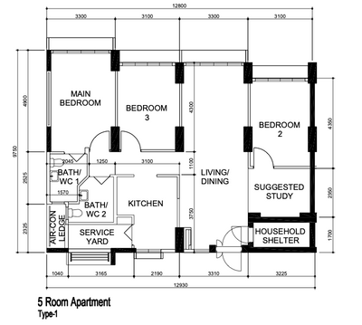 Northshore Drive, Design 4 Space, Modern, Contemporary, HDB, 5 Room Apartment Type 1, Original Floorplan