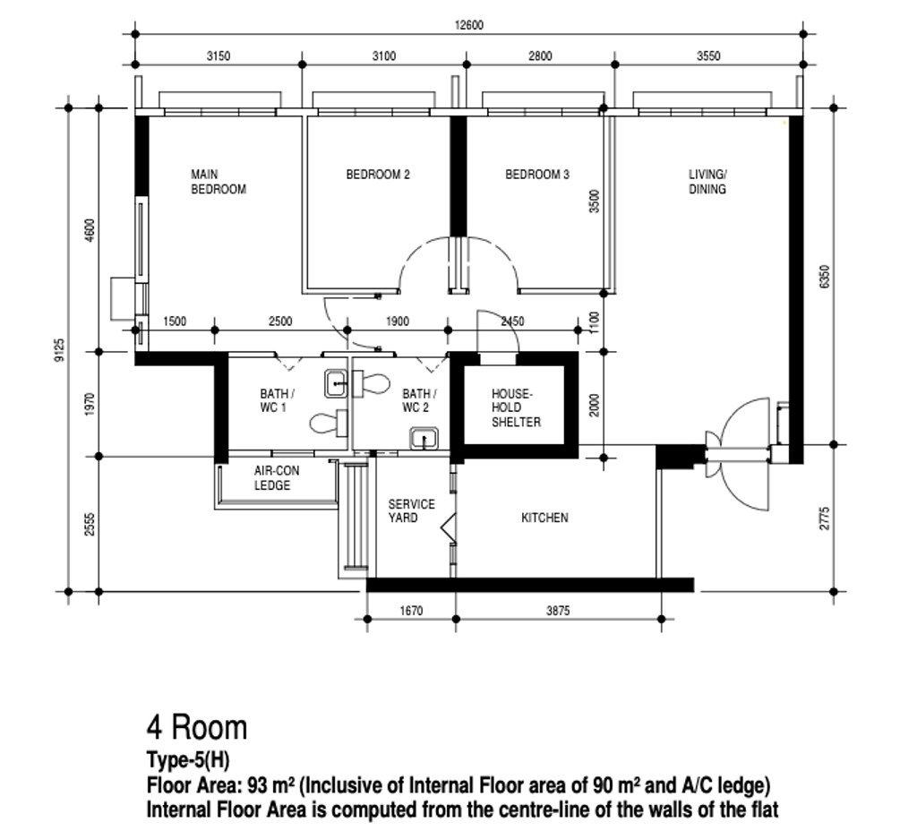Modern, HDB, Eunos Court, Interior Designer, SG Interior Design, 4 Room Hdb Floorplan, 4 Room Type 5 H, Original Floorplan