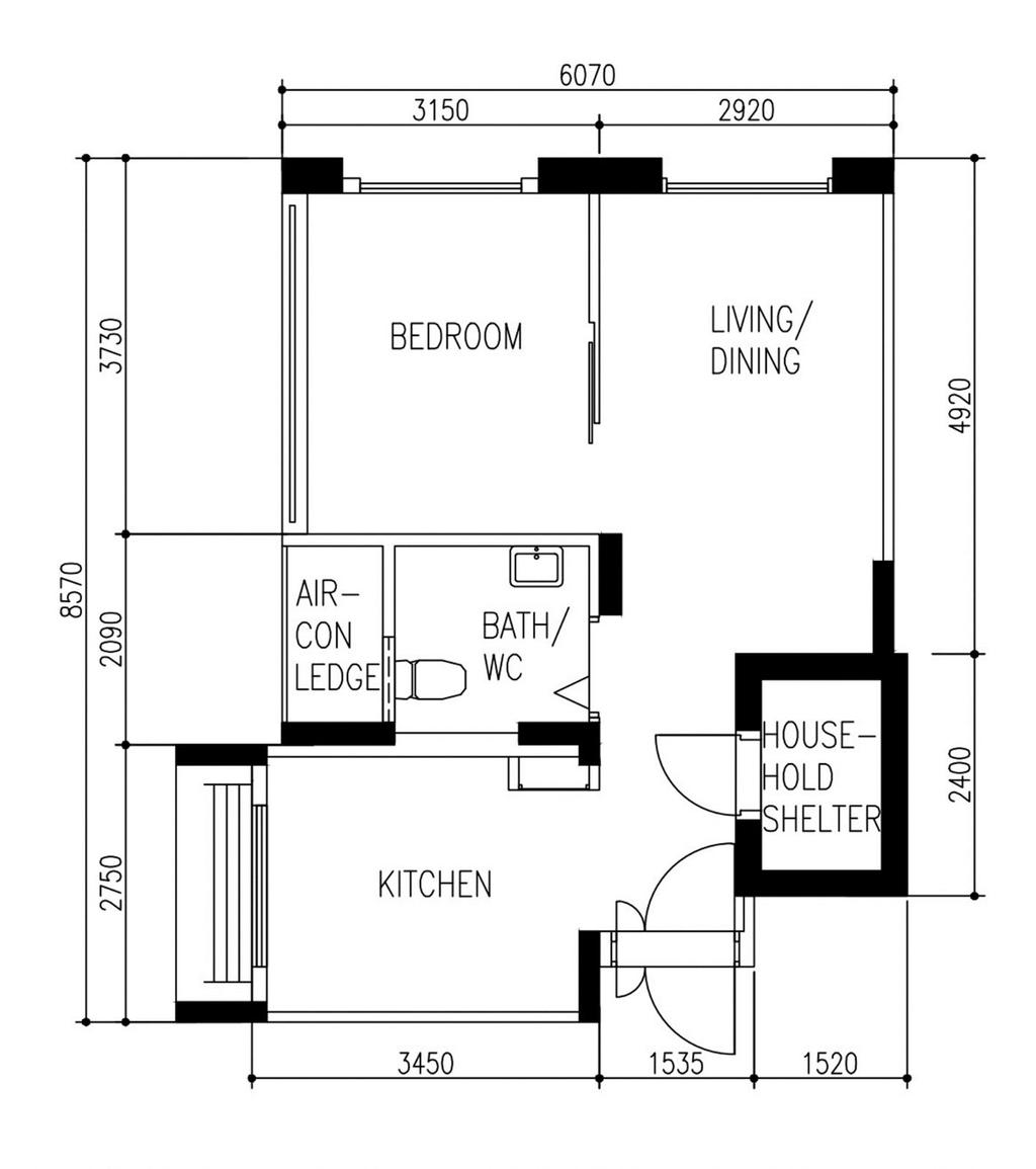 Scandinavian, HDB, Fernvale Vines (Block 465A), Interior Designer, The Interior Lab, Japandi, Original Floorplan, 2 Room Hdb Floorplan