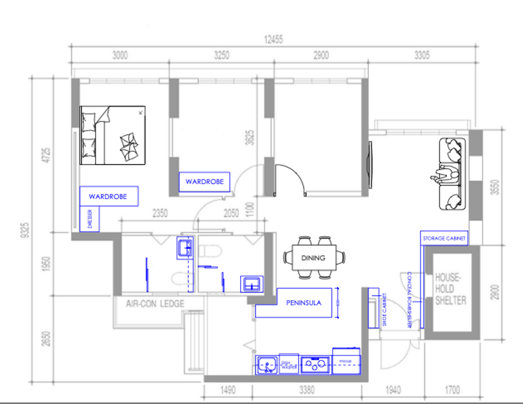 Minimalist, HDB, Fernvale Dew (Block 400B), Interior Designer, Yang's Inspiration Design, Space Planning, Final Floorplan, 4 Room Hdb Floorplan, 4 Room Type 1 H
