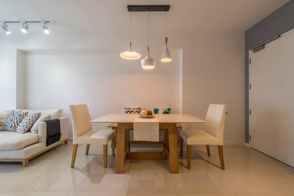 Modern, HDB, Dining Room, Punggol Waterway Terraces 1, Interior Designer, Aart Boxx Interior, Minimalist, Scandinavian, Pendant Lights, Tom Dixon, Tiles, Household Shelter, Bomb Shelter, Storeroom, White And Brown, Simple, Chair, Furniture, Indoors, Interior Design, Room, Dining Table, Table