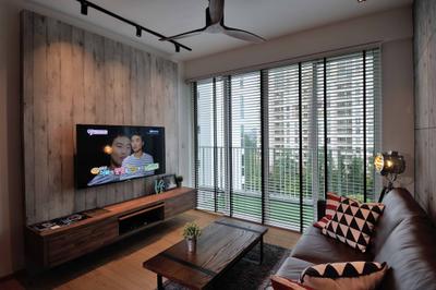 One Canberra, Aart Boxx Interior, , , Living Room, , Wood Panel, Floating Console, Venetian Blinds, Spin Fan, Black Track Lights, Brown Leather Sofa, Brown Leather, Human, People, Person, Chair, Furniture