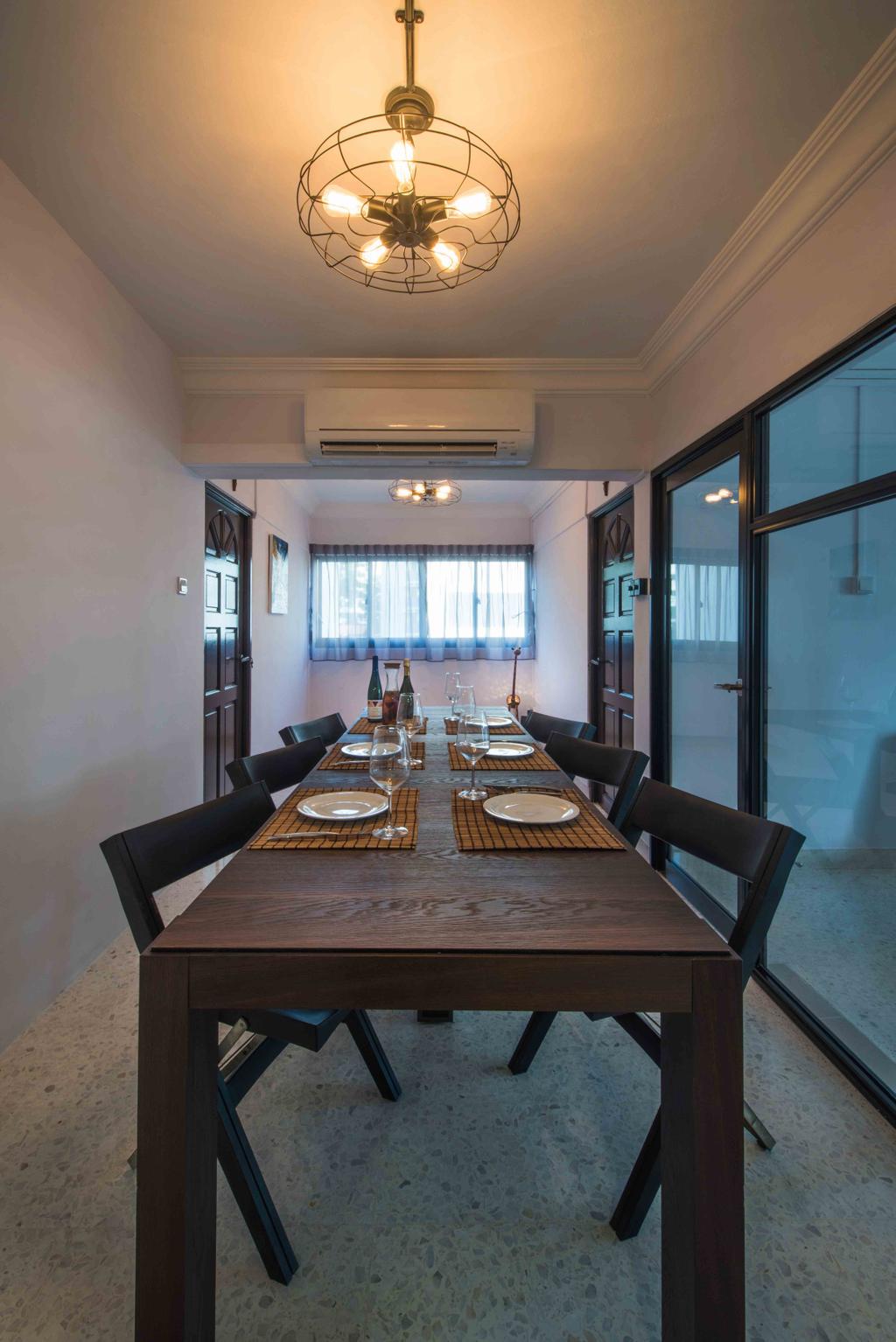 Industrial, HDB, Dining Room, Telok Blangah (Block 67), Interior Designer, Cozy Ideas, Long Table, Wooden Table, Narrow Layout, Linear Layout, Wooden Chair, Thick Wood, Solid Wood, Pendant Lights, Caged Lamp, Indoors, Interior Design, Room, Dining Table, Furniture, Table, Couch, Chair