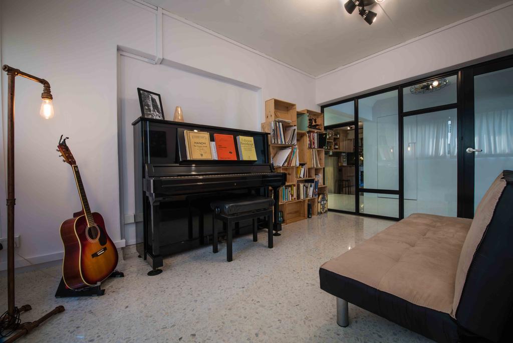 Industrial, HDB, Study, Telok Blangah (Block 67), Interior Designer, Cozy Ideas, Music Room, Entertainment Room, Guitar, Piano, Couch, Lounge, Bookcase, Cubbyhole, Glass Wall, Leisure Activities, Music, Musical Instrument, Lute, Mandolin, Indoors, Room