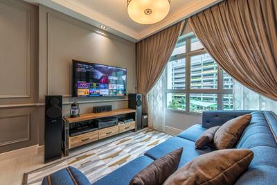 Edgefield Plains (Block 671B), Fifth Avenue Interior, Vintage, Living Room, HDB, Wainscoting, Tv Console, Tv Cabinet, Tv, Curtains, Pendant Light, Pendant Lamp, Blue, Blue Sofa, Couch, Cushions, Speakers, Sound System, Carpet, Furniture, Indoors, Room, Appliance, Electrical Device, Oven
