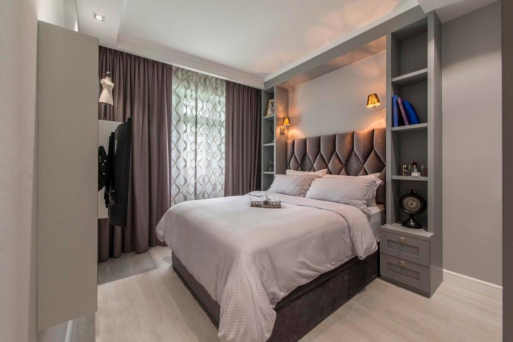 Vintage, HDB, Bedroom, Edgefield Plains (Block 671B), Interior Designer, Fifth Avenue Interior, White, Clean, Luxe, High Headboard, White Bedsheet, Shelves, Shelving, Hanging Lamp, Curtains, Grey, Indoors, Room
