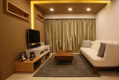 Buangkok Green, Fineline Design, Transitional, Living Room, HDB, Sofa, Couch, White Sofa, Fabric Sofa, Brown Coffee Table, Carpet, Tv, Tv Console, Tv Cabinet, Wood, Brown, Brown Colour, Gold, Curtains, Downlights, Recessed Lights, Indoors, Room, Banister, Handrail, Furniture