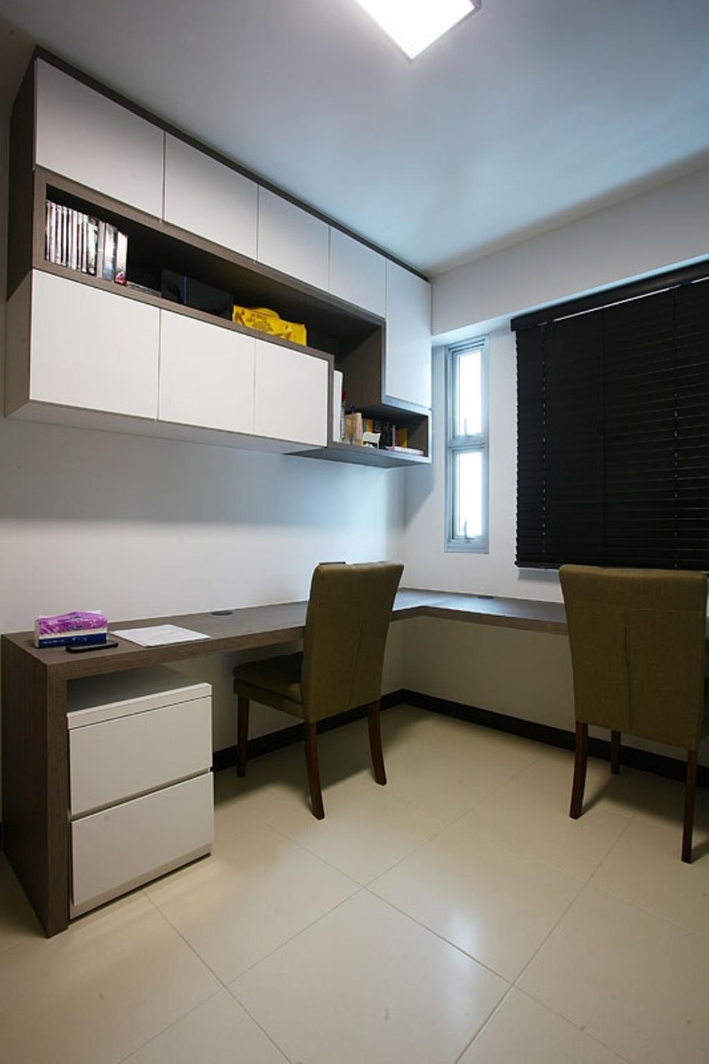 Transitional, HDB, Study, Buangkok Green, Interior Designer, Fineline Design, Study Table, Table, Chairs, Storage, Shelves, Shelving, Wall Shelf, Storage Space, Blinds, Roller Blinds, Chair, Furniture