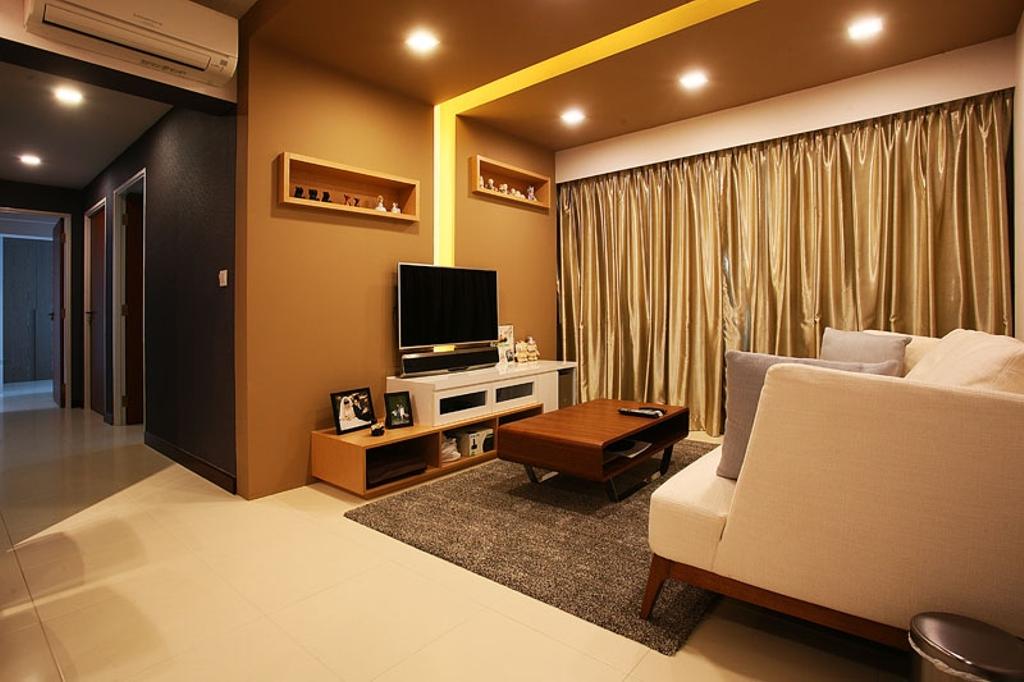 Transitional, HDB, Living Room, Buangkok Green, Interior Designer, Fineline Design, Tv, Tv Console, Tv Cabinet, Brown Coffee Table, Carpet, Sofa, Couch, White Sofa, Fabric Sofa, Gold, Curtains, Shelves, Wall Shelves, Brown, Indoors, Room, Basement, Corridor