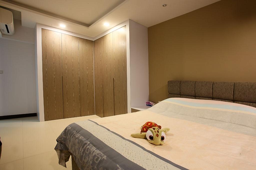 Transitional, HDB, Bedroom, Buangkok Green, Interior Designer, Fineline Design, Bed, High Headboard, Wood Wardrobe, Gold, Gold Colour, Brown, Furniture