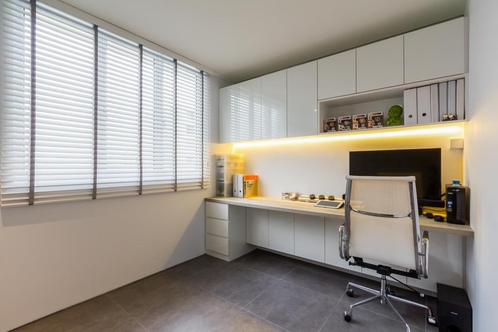 Contemporary, HDB, Study, Hougang Avenue 4, Interior Designer, Fineline Design, Blinds, Study Table, Desk, Study Desk, Office Chair, Concealed Lighting, Shelves, Shelving, White, Simple, Neat, Recessed Shelf, Indoors, Room