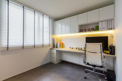 Hougang Avenue 4, Fineline Design, Contemporary, Study, HDB, Blinds, Study Table, Desk, Study Desk, Office Chair, Concealed Lighting, Shelves, Shelving, White, Simple, Neat, Recessed Shelf, Indoors, Room