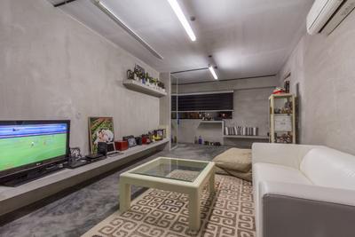Jalan Rajah, Fineline Design, , Living Room, , Cement Screed Wall, Grey Tv Console, Glass Coffee Table, White Sofa, Carpet, Rug, Cement Screed Floor