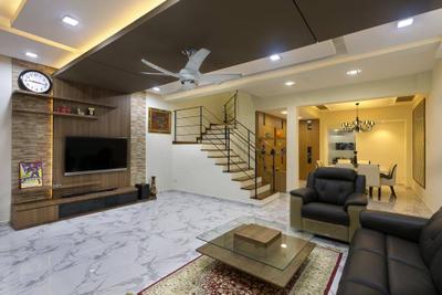 Jalan Terang Bulan, Fineline Design, , Living Room, , White Ceiling, White Marble Floor, Wood Feature Wall, Wood Tv Console, Cove Light, Downlights, Black Sofa, Brown Coffee Table, Rug, Carpet, Feature Wall, Couch, Furniture, Electronics, Entertainment Center, Lighting, Indoors, Room