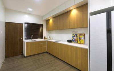Jalan Terang Bulan, Fineline Design, Traditional, Kitchen, Landed, Wood Cabinet, Downlights, White Wall Backing, Indoors, Interior Design