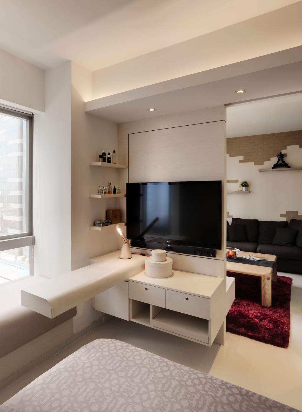 Modern, Condo, Bedroom, One Shenton, Interior Designer, Liid Studio, Swivel Wall, Swivel, Window Seat, Shelf, Shelves, Concealed Lighting, False Ceiling, Tv Console, White, Red Brick Wall, Sofa, Rug, Chair, Bay Window, Couch, Furniture, Indoors, Interior Design