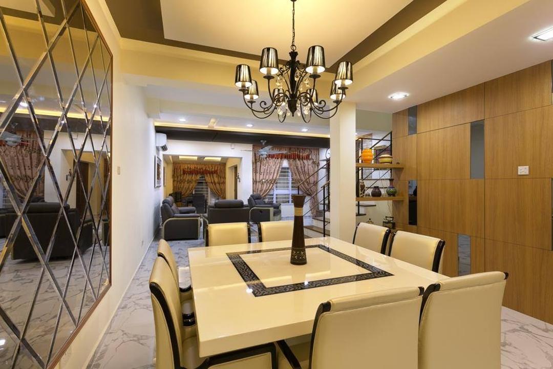 Jalan Terang Bulan, Fineline Design, Traditional, Dining Room, Landed, Chandelier, White Dining Table, White Dining Chair, Marble Floor Tiles, Downlights, Light Fixture, Exercise, Fitness, Gym, Sport, Sports, Working Out, Lamp, Indoors, Room