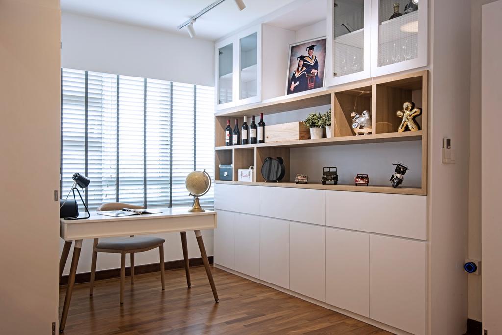 Contemporary, HDB, Study, Punggol Drive (Block 679C), Interior Designer, Fineline Design, White Shelcing, Wood Floor, White Blinds, White Desk, Study Chair, Chair, Furniture, Dining Table, Table
