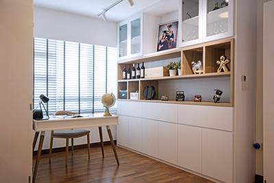 Punggol Drive (Block 679C), Fineline Design, Contemporary, Study, HDB, White Shelcing, Wood Floor, White Blinds, White Desk, Study Chair, Chair, Furniture, Dining Table, Table
