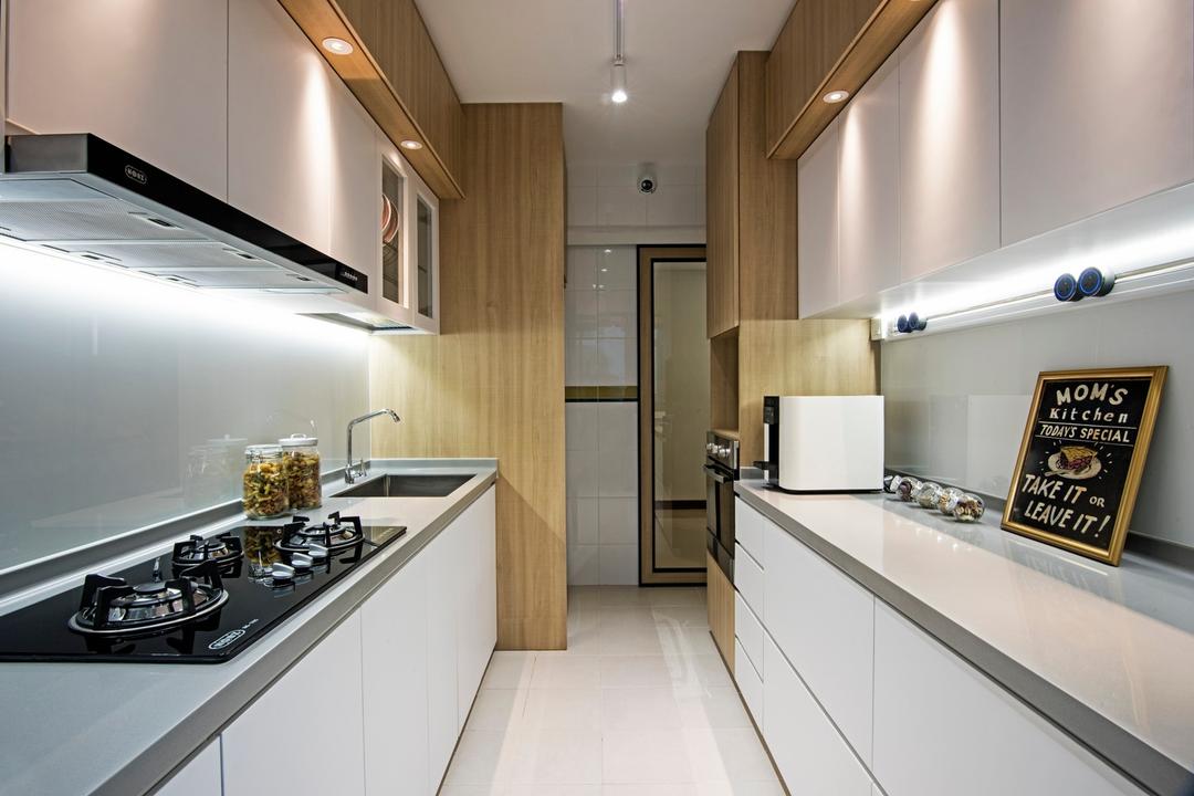 Punggol Drive (Block 679C), Fineline Design, Contemporary, Kitchen, HDB, White Kitchen, Downlights, White Track Lights, Floor Tiles