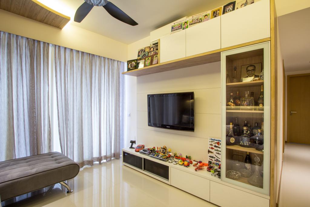 Transitional, Condo, Living Room, Segar Road, Interior Designer, Fineline Design, White Tv Console, White Shelving, Grey Curtain, White Marble Floor, Cove Light, Appliance, Electrical Device, Microwave, Oven, Indoors, Interior Design, Chair, Furniture