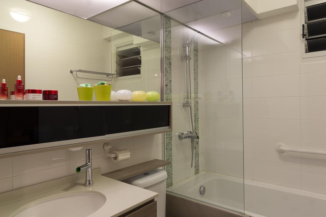 Sengkang East, Fineline Design, Traditional, Bathroom, HDB, Bathtub, Shower Screen, Mirror, Brown Cabinet, Indoors, Interior Design, Room