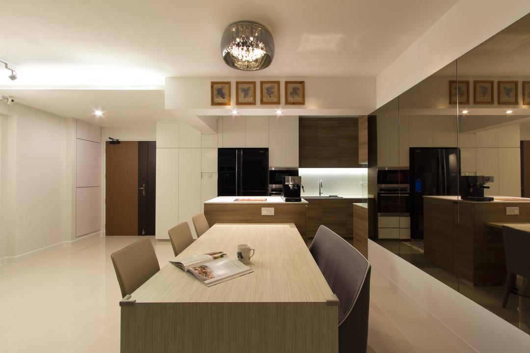 Sengkang East, Fineline Design, Traditional, Dining Room, HDB, Tinted Mirror, Wood Dining Table, Dining Chairs, Dry Kitchen, Open Kitchen, Black 2 Door Fridge, Dining Table, Furniture, Table, Indoors, Interior Design, Sink