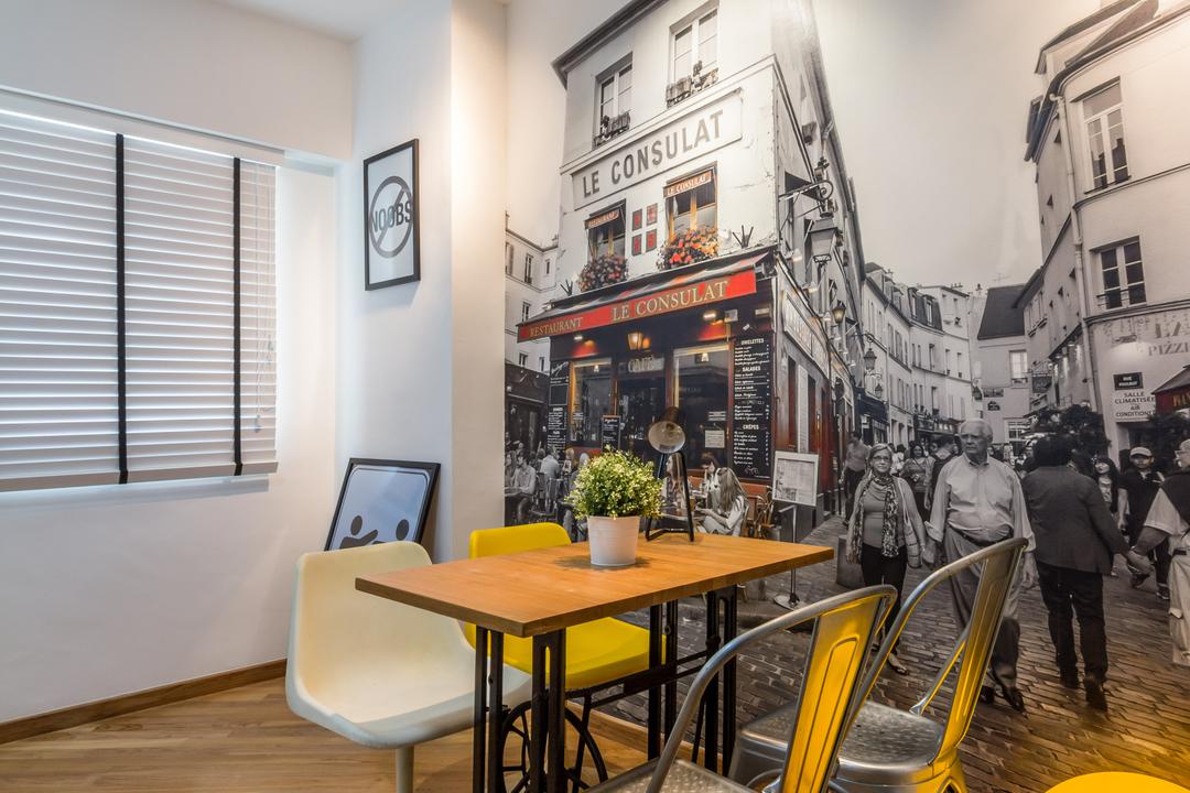 Serangoon, Fineline Design, Eclectic, Dining Room, HDB, Black Track Lights, Wood Dining Table, Steel Dining Chairs, Wood Floor, White Blinds, Wall Art, Flora, Jar, Plant, Potted Plant, Pottery, Vase, Dining Table, Furniture, Table, Indoors, Interior Design, Room, Cafe, Restaurant, Chair