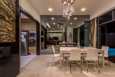 Siglap Road, Fineline Design, Modern, Dining Room, Landed, White Dining Table, White Dining Chair, Mirror Wall, Downlights, Dining Light, Tiles, Dining Table, Furniture, Table, Indoors, Interior Design, Room, Chair