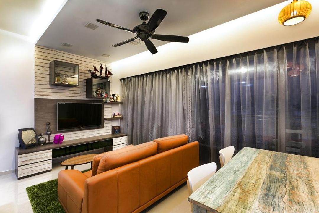 The Scala, Fineline Design, Industrial, Living Room, Condo, Black Ceiling Fan, Brick Wall, Brick Feature Wall, Brown Sofa, Wood Dining Table, Grey Curtain, Cove Lights, Tv Console, Couch, Furniture, Chair, Indoors, Room