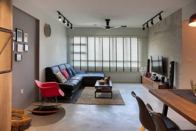 Segar Road, Aart Boxx Interior, Industrial, Living Room, HDB, Venetian Blinds, Grey And Brown, L Shaped Sofa, Cement Screed Tiles, Brown Leather Sofa, Raw, Rug, Rocking Chair, Wooden Tv Console, Speakers, Couch, Furniture