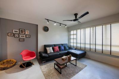 Segar Road, Aart Boxx Interior, Industrial, Living Room, HDB, Wooden Coffee Table, White Track Lights, Wall Art, Photo Frame, Dog Bed, Wall Clock, Brown Leather Sofa, Coffee Table, Furniture, Table, Chair, Indoors, Room